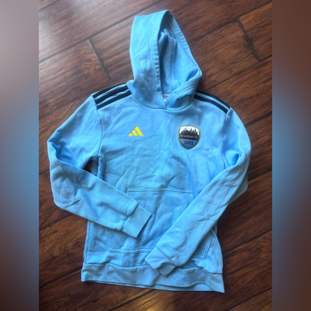 Adidas Sky baby Blue Hoodie with Academy FC Patch soccer club XS